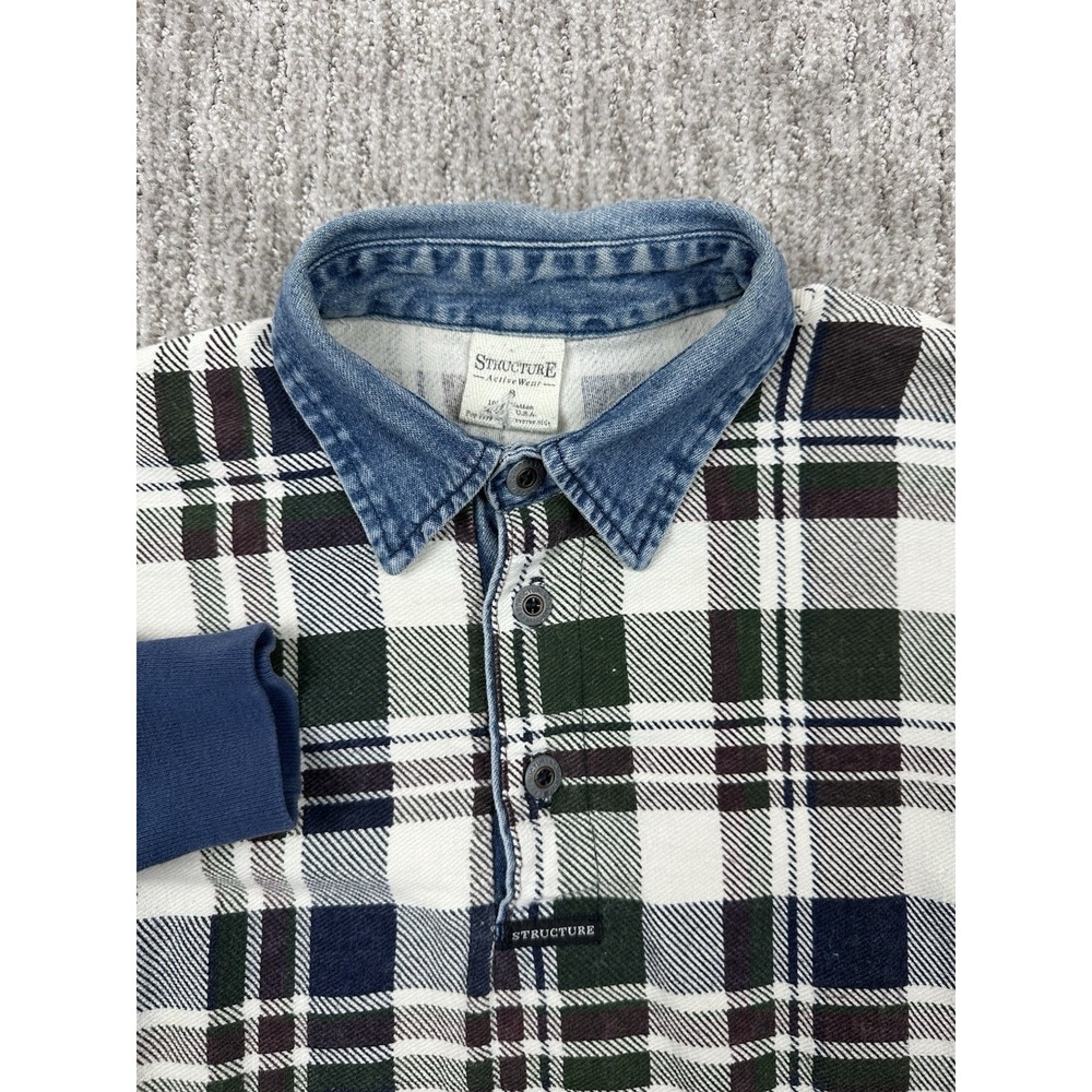 Vtg 90s Structure Blue Plaid Cotton Rugby Shirt Sz S Denim Collar Metal Buttons